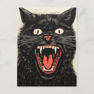 Cartão Postal Gato Preto Bravo Assustador Retro
