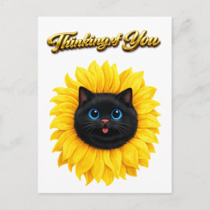 Cartão Postal Gato Preto Cara de Girassol Fofo Pensando em Você