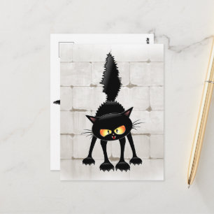 Cartão Postal Gato Preto Cartoon Engraçado e Feroz 