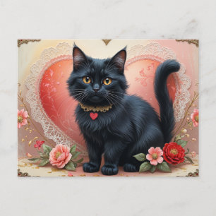 Cartão Postal Gato Preto Cinto com Flores