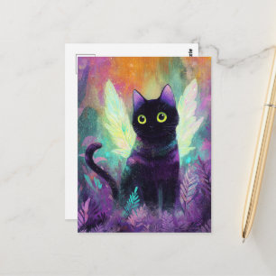 Cartão Postal Gato Preto Com Asas de Anjo