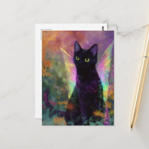 Cartão Postal Gato Preto Com Asas de Fada