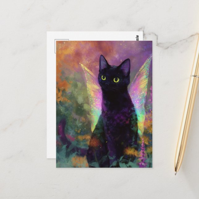 Cartão Postal Gato Preto Com Asas de Fada (Frente/Verso In Situ)