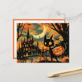 Cartão Postal Gato Preto com Balde de Abóbora ao lado do Castelo