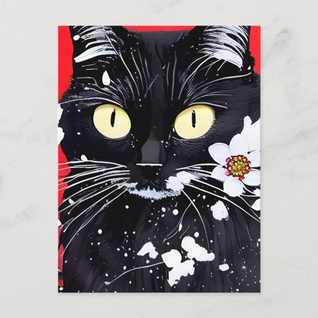 Cartão Postal Gato Preto Com Flores Brancas Fundo Vermelho (Frente)