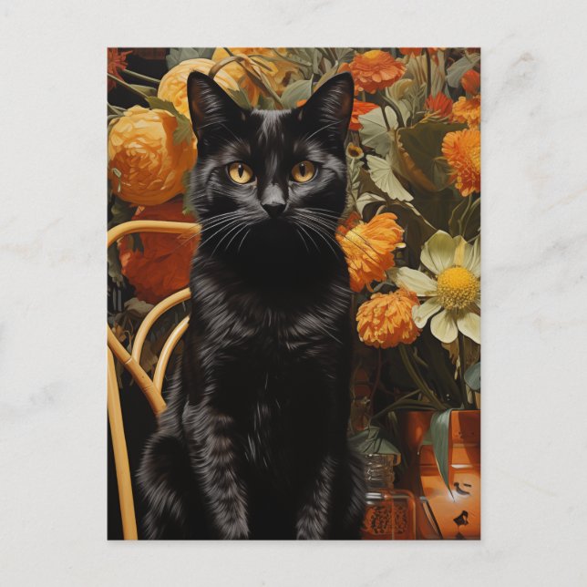 Cartão Postal Gato Preto Com Flores Laranja (Frente)