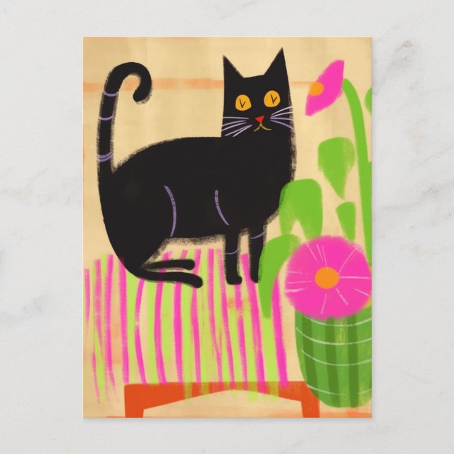 Cartão Postal Gato Preto Com Flores Rosa (Frente)