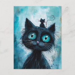 Cartão Postal Gato Preto com Gato Pequeno na Cabeça