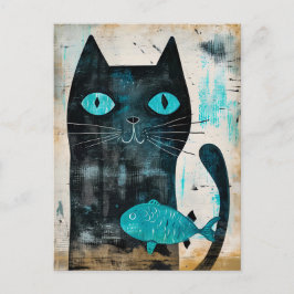 Cartão Postal Gato Preto com Olhos Turquesa e Peixe