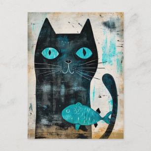 Cartão Postal Gato Preto com Olhos Turquesa e Peixe