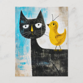 Cartão Postal Gato Preto com Pássaro Amarelo na Parte Traseira
