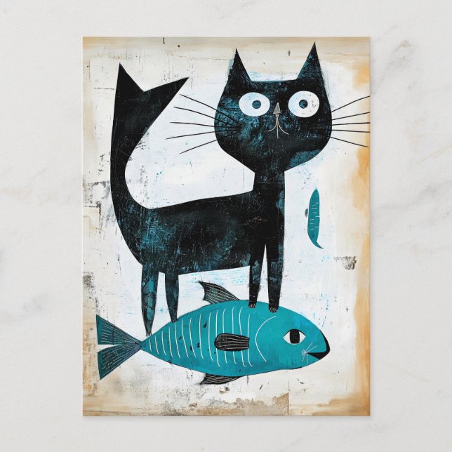 Cartão Postal Gato Preto com Peixe Azul (Frente)