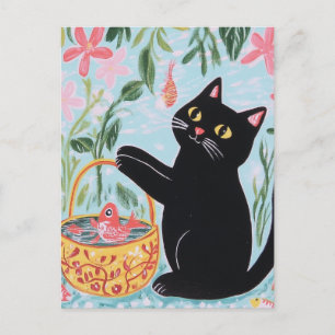 Cartão Postal Gato Preto com Peixe Dourado