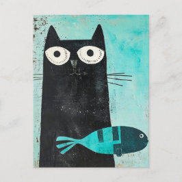 Cartão Postal Gato Preto com Peixe Turquesa