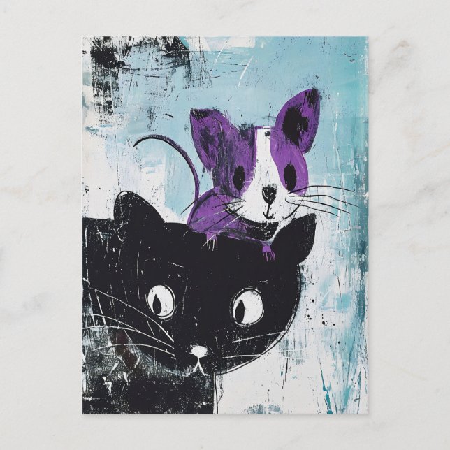 Cartão Postal Gato Preto com Rato Roxo na Cabeça (Frente)