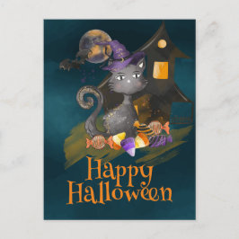 Cartão Postal Gato Preto de Aquarela com doces, Halloween