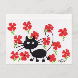 Cartão Postal Gato preto de desenho animado e flores vermelhas