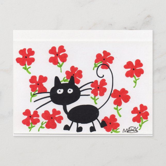 Cartão Postal Gato preto de desenho animado e flores vermelhas (Frente)