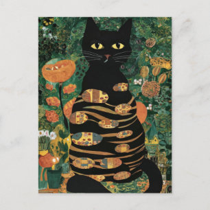 Cartão Postal Gato Preto de Gustav Klimt Vintage em um Jardim de