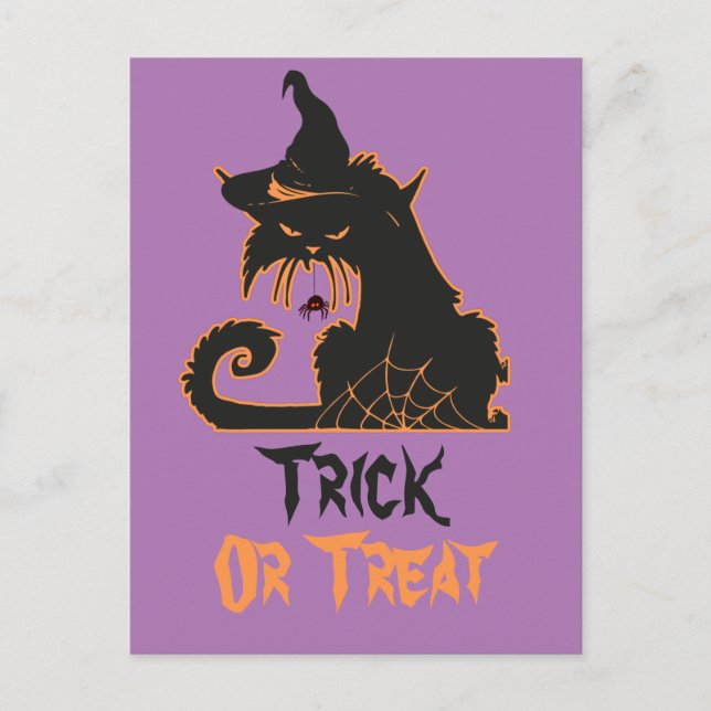 Cartão Postal Gato Preto de Halloween Bruxa Aranhas Assustadoras (Frente)