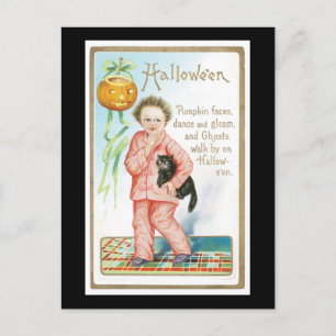 Cartão Postal Gato Preto de Halloween e Menino