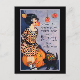Cartão Postal Gato Preto de Halloween Vintage Fofo