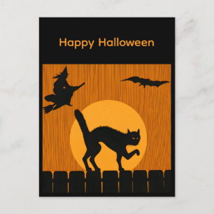 Cartão Postal Gato Preto de Halloween Vintage, Silhueta da Lua d