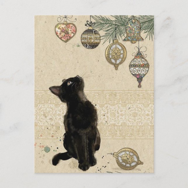 Cartão Postal Gato Preto de Natal Antigo Olhando para Enfeites (Frente)