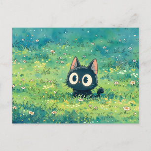 Cartão Postal Gato Preto de Olhos Arregalados de Prado Verde Men
