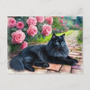 Cartão Postal Gato Preto Deitado ao Lado de Peônias Rosas Amante