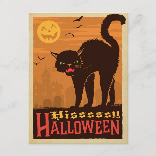Cartão Postal Gato Preto do Halloween (Frente)