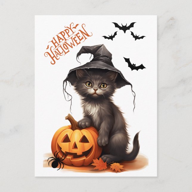 Cartão Postal Gato Preto do Halloween, Abóbora e Aranha (Frente)