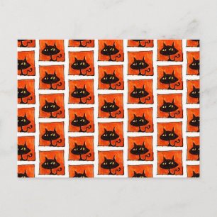 Cartão Postal Gato Preto do Halloween Quadrados Laranja Cartoon
