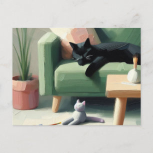 Cartão Postal Gato Preto Dormindo em Amantes de Gato de Sofá