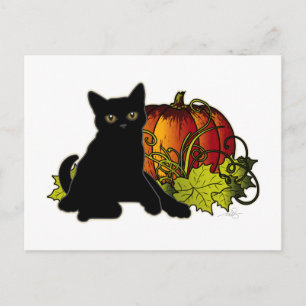 Cartão Postal Gato Preto e Abóbora