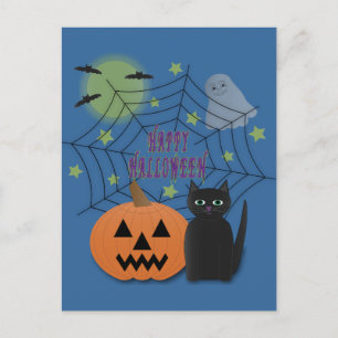 Cartão Postal Gato Preto e Abóbora Não Assustam Halloween