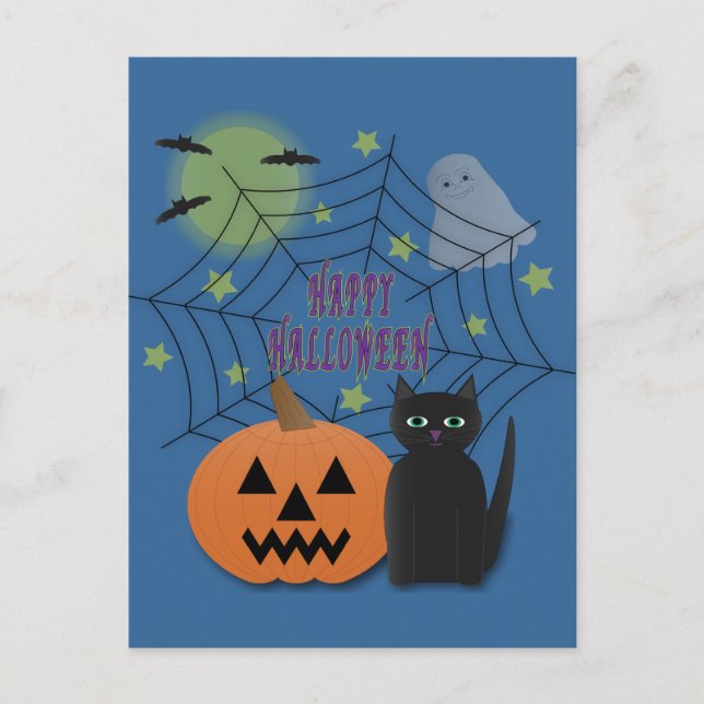 Cartão Postal Gato Preto e Abóbora Não Assustam Halloween (Frente)