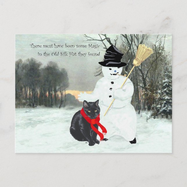 Cartão Postal Gato Preto e Boneco de Neve (Frente)