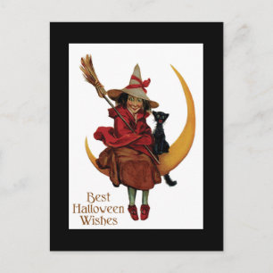 Cartão Postal Gato Preto e Bruxa do Halloween