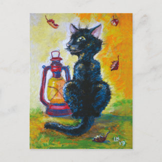 Cartão Postal Gato preto e lanterna vermelha