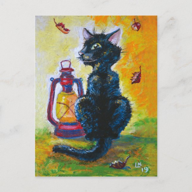 Cartão Postal Gato preto e lanterna vermelha (Frente)
