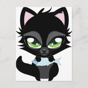 Cartão Postal Gato preto e peixe