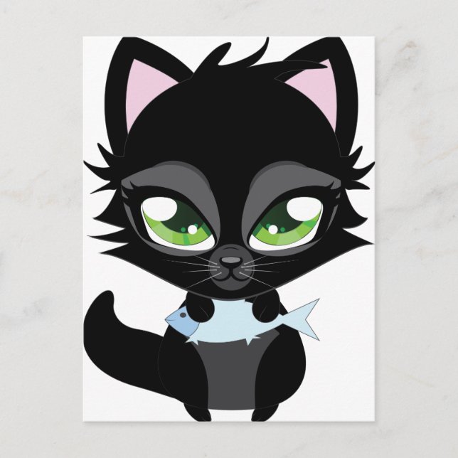 Cartão Postal Gato preto e peixe (Frente)