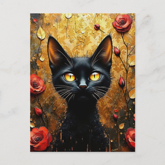 Cartão Postal Gato Preto e Rosas (Frente)