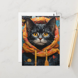Cartão Postal Gato Preto em um Casaco