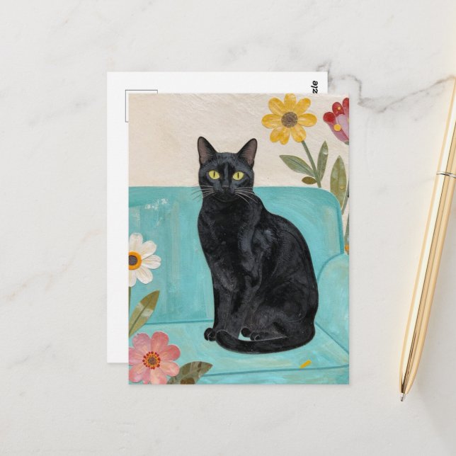 Cartão Postal Gato Preto em um Sofá Azul (Frente/Verso In Situ)