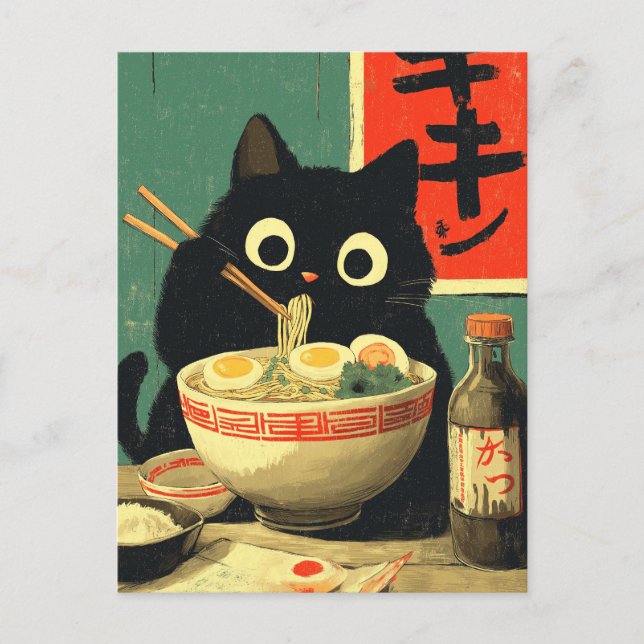 Cartão Postal Gato Preto Engraçado Comendo Ramen (Frente)