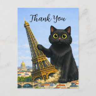Cartão Postal Gato Preto Engraçado Derruba a Torre Eiffel Obriga