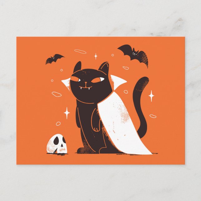 Cartão Postal Gato preto engraçado para o Halloween (Frente)