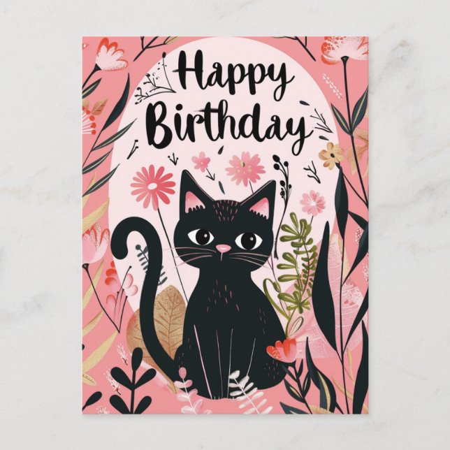 Cartão Postal Gato Preto Feliz Aniversário  (Frente)